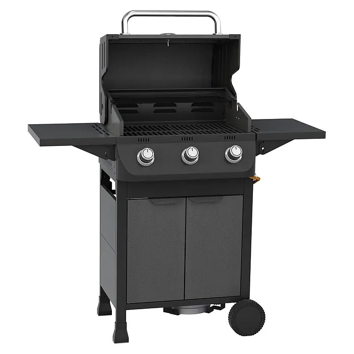 Grillstar Gasgrill Nebraska - Grillfläche (B x T): 54 x 34 cm, 7,8 kW, Anzahl Brenner: 3 Stk. - Dunkelgrauer Gasgrill mit offenem Deckel, silbernen Bedienknöpfen, Seitenablagen, Unterschrank und einem Rad.