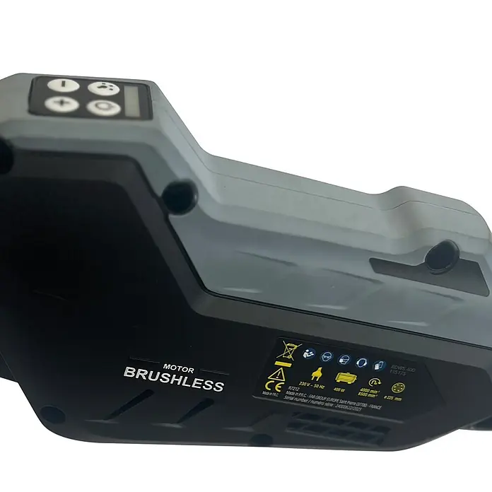 Fartools Lijadora de pared y techo BDWS 400 - 400 W, Diámetro disco de lija: 225 mm - Cuerpo de herramienta eléctrica gris y negro con la etiqueta "BRUSHLESS MOTOR" y especificaciones técnicas.