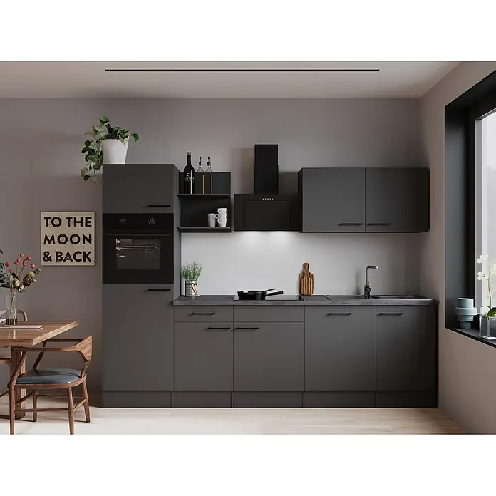 Respekta Oliver Küchenzeile - Breite: 280 cm, Grau, Geschirrspüler | Kochfeld | Backofen | Dunstabzugshaube - Moderne dunkelgraue Küche mit integriertem Backofen, Kochfeld, Spüle und Dunstabzugshaube, links mit Essbereich.