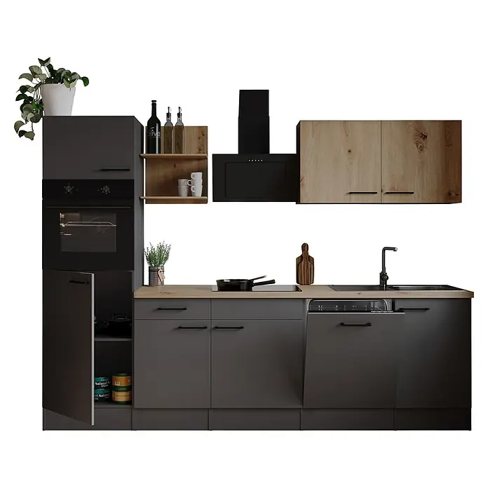 Respekta Oliver Küchenzeile - Breite: 280 cm, Grau/Holz, Geschirrspüler | Kochfeld | Backofen | Dunstabzugshaube - Moderne Küche mit dunkelgrauen Schränken, heller Holz-Arbeitsplatte, Einbauherd, Kochfeld, Spüle, Spülmaschine und Dunstabzugshaube, mit Regalen und Deko.