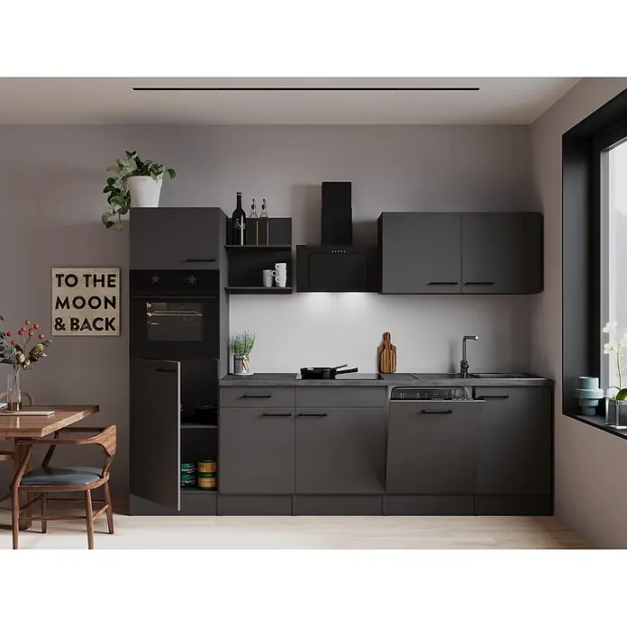 Respekta Oliver Küchenzeile - Breite: 280 cm, Grau, Geschirrspüler | Kochfeld | Backofen | Dunstabzugshaube - Moderne dunkelgraue Küche mit integrierten Geräten wie Ofen, Kochfeld, Spüle und Geschirrspüler, in einem zeitgenössischen Wohnambiente.