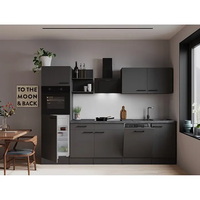 Respekta Oliver Küchenzeile - Breite: 280 cm, Grau, Geschirrspüler | Kochfeld | Kühlschrank | Backofen | Dunstabzugshaube - Moderne dunkelgraue Küche mit integriertem Backofen, Kühlschrank, Geschirrspüler und Kochfeld. Funktionales, elegantes Design.
