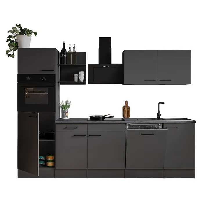 Respekta Oliver Küchenzeile - Breite: 280 cm, Grau, Geschirrspüler | Kochfeld | Backofen | Dunstabzugshaube - Moderne dunkelgraue Küche mit integriertem Backofen, Geschirrspüler, Spüle, Kochfeld und offenen Regalen, mit hellgrauer Arbeitsplatte.