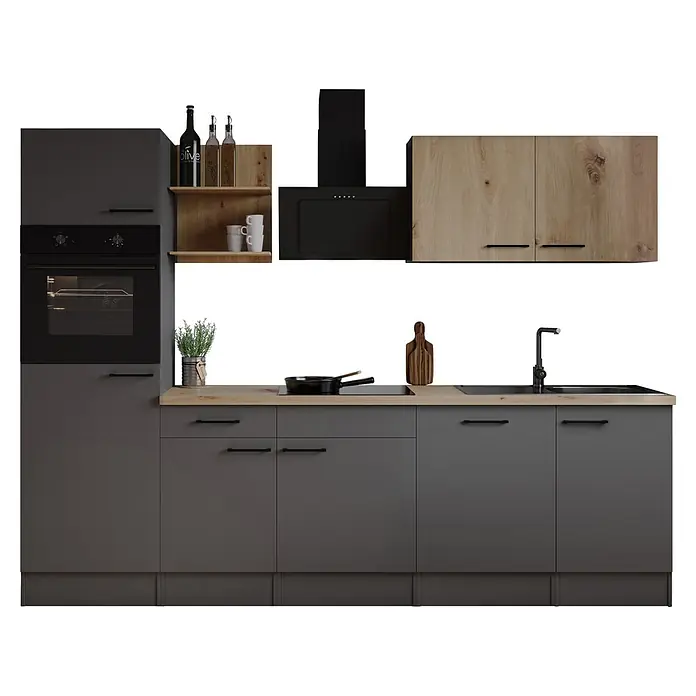 Respekta Oliver Küchenzeile - Breite: 280 cm, Grau/Holz, Geschirrspüler | Kochfeld | Backofen | Dunstabzugshaube - Moderne Küchenzeile mit dunkelgrauen Unterschränken, integriertem Ofen, Holz-Oberschränken und Ablagen. Mit schwarzer Spüle, Kochfeld und Dunstabzugshaube.