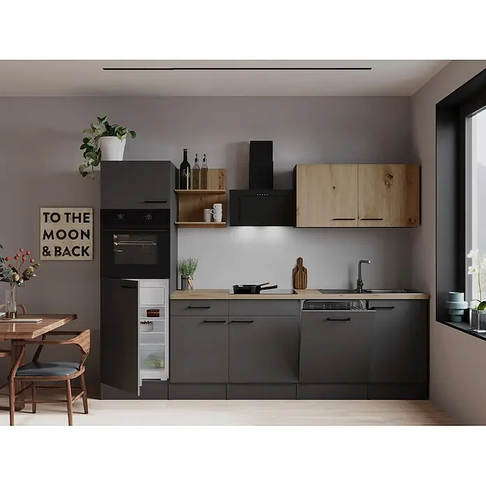 Respekta Oliver Küchenzeile - Breite: 280 cm, Grau/Holz, Geschirrspüler | Kochfeld | Kühlschrank | Backofen | Dunstabzugshaube - Moderne Küche mit dunkelgrauen Schränken, Arbeitsplatten aus hellem Holz und integrierten Geräten wie Backofen, Kühlschrank und Geschirrspüler.