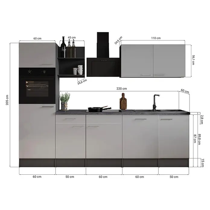 Respekta Oliver Küchenzeile - Breite: 280 cm, Weiß, Geschirrspüler | Kochfeld | Backofen | Dunstabzugshaube - Hellgraue und dunkelgraue Einbauküche mit Backofen, Kochfeld, Spüle und Schränken, Maße angezeigt.