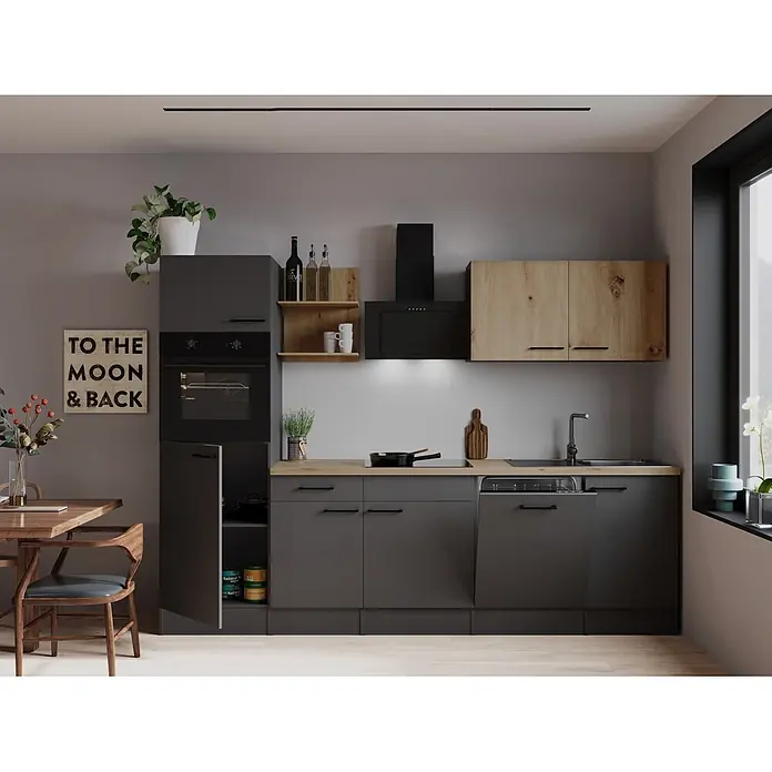 Respekta Oliver Küchenzeile - Breite: 280 cm, Grau/Holz, Geschirrspüler | Kochfeld | Backofen | Dunstabzugshaube - Eine moderne Küche mit dunkelgrauen Unterschränken, heller Holz-Arbeitsplatte und integrierten Geräten wie Ofen, Kochfeld und Spüle.