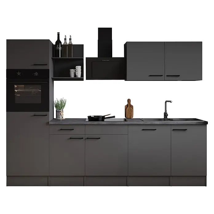 Respekta Oliver Küchenzeile - Breite: 280 cm, Grau, Geschirrspüler | Kochfeld | Backofen | Dunstabzugshaube - Moderne dunkelgraue Küchenzeile mit integriertem Backofen, Kochfeld, Dunstabzugshaube, Spüle und Schränken.