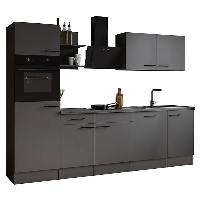Respekta Oliver Küchenzeile - Breite: 280 cm, Grau, Geschirrspüler | Kochfeld | Backofen | Dunstabzugshaube - Moderne dunkelgraue Küchenzeile mit integriertem Backofen, Kochfeld, Spüle und Dunstabzugshaube, mit eleganten schwarzen Griffen und Regalen.