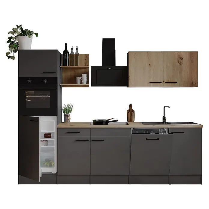 Respekta Oliver Küchenzeile - Breite: 280 cm, Grau/Holz, Geschirrspüler | Kochfeld | Kühlschrank | Backofen | Dunstabzugshaube - Moderne Küche mit dunkelgrauen Schränken, heller Holz-Arbeitsplatte und integrierten Geräten wie Backofen, Kühlschrank, Geschirrspüler, Spüle und Kochfeld.
