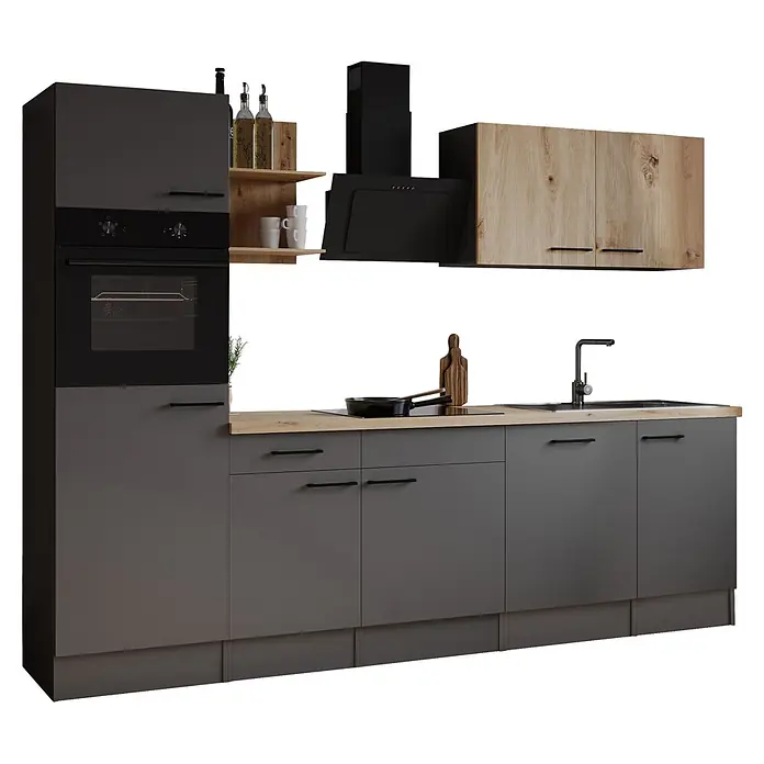 Respekta Oliver Küchenzeile - Breite: 280 cm, Grau/Holz, Geschirrspüler | Kochfeld | Backofen | Dunstabzugshaube - Moderne Küchenzeile mit dunkelgrauen Schränken, hellen Holzplatten, schwarzem Ofen, Dunstabzugshaube und Spüle.