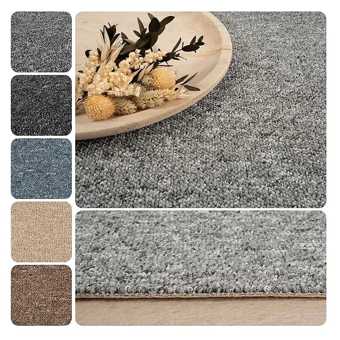 Bricoflor Teppichboden Meterware 8,5x2m, Schlinge gemustert, hell-grau - Breite: 200 cm, Schlinge, 100 % Polypropylen (PP), hell-grau - Grauer Teppich mit sichtbarer Rückseite, dazu Farbmuster in Grau, Blau, Beige und Braun.