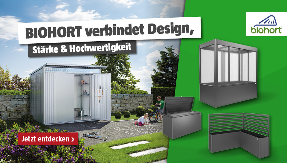 Biohort Produkte wie Gerätehaus im Garten, Hochbeet und Kissenbox