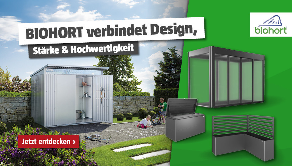 Biohort Produkte wie Gerätehaus im Garten, Hochbeet und Kissenbox