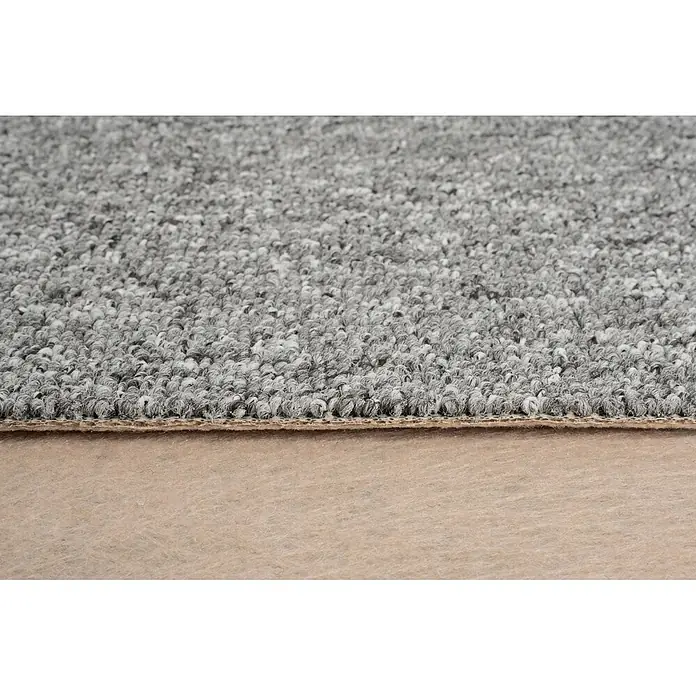 Bricoflor Teppichboden Meterware 8,5x2m, Schlinge gemustert, hell-grau - Breite: 200 cm, Schlinge, 100 % Polypropylen (PP), hell-grau - Texturierter grau-weiß gesprenkelter Teppich, der seine Schlingenoberfläche und sichtbare braune Rückseite zeigt.