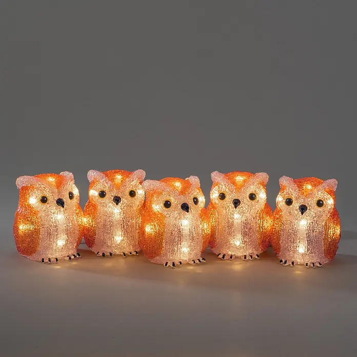 Konstsmide LED-Dekofigur - Außen, Lichtfarbe: Warmweiß, Anzahl Leuchtmittel: 40 Stk., Netzbetrieben - Fünf durchscheinende, orangefarbene beleuchtete Eulen-Dekorationen, von innen beleuchtet.