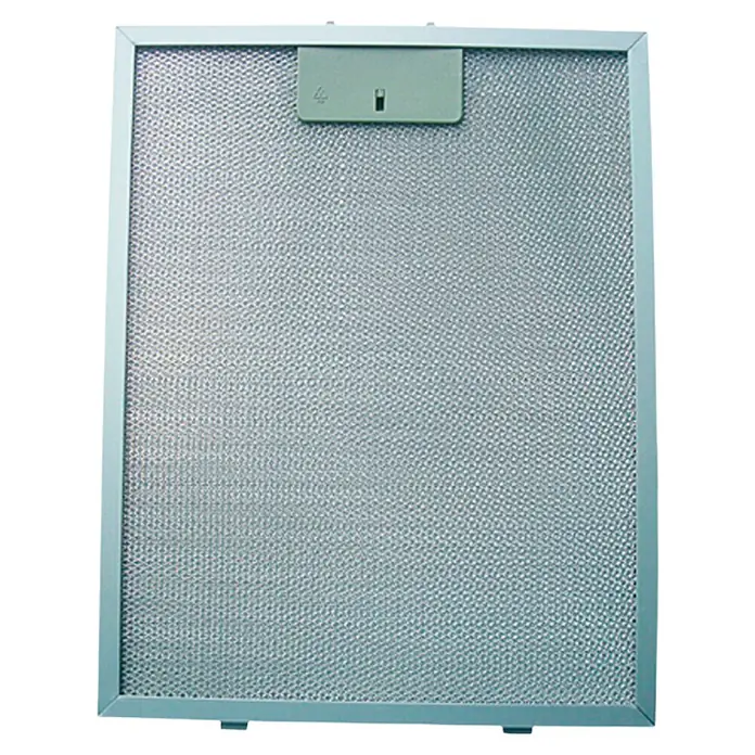 Respekta Fettfilter MIZ 0016 - Metall, 1 Stk., Passend für: Respekta Dunstabzugshaube CH 22035 IX - Ein silberner Dunstabzugshaubenfilter in einem hellblauen Rahmen mit einem rechteckigen, hellblauen Griff.