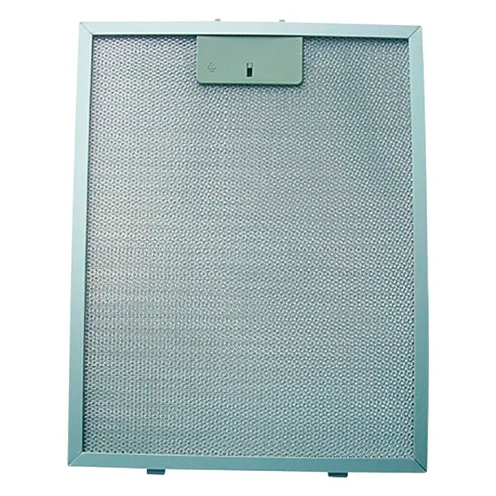 Respekta Fettfilter MIZ 0016 - Metall, 1 Stk., Passend für: Respekta Dunstabzugshaube CH 22035 IX - Ein silberner Dunstabzugshaubenfilter in einem hellblauen Rahmen mit einem rechteckigen, hellblauen Griff.