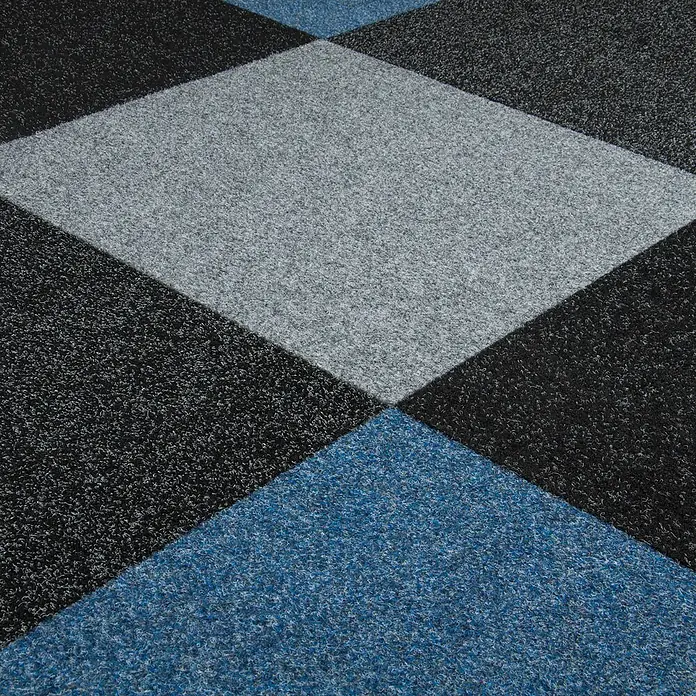 Bricoflor Teppichfliese - Breite: 50 cm, Nadelfilz, Polypropylen, blau - Texturierter Teppich mit grauem, schwarzem und blauem Rautenmuster.