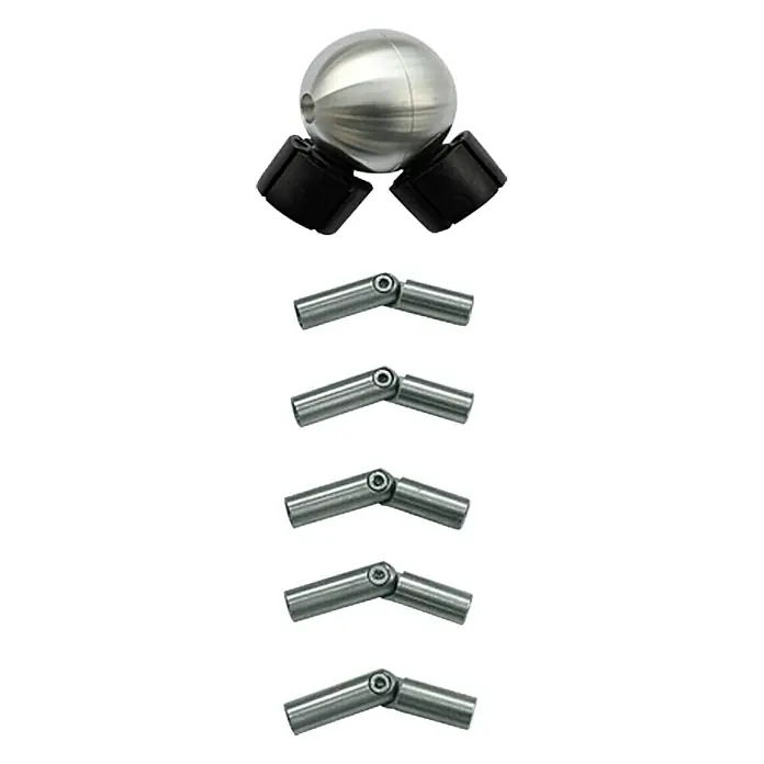 Treba Frewa Eck-Set ES4 - Aluminium, Stufenlose Winkeleinstellung: 90 ° - 180 ° - Produktabbildung eines Kugelgelenks mit Verbindungselementen für vielseitige Anwendungen.