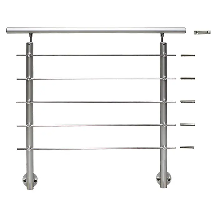 Treba Frewa Geländer-Set EG1 - Seitenmontage, Edelstahl V2A, Silber, Länge: 150 cm - Abbildung eines Geländers aus Edelstahl mit horizontalen Streben und zwei Stützpfosten, ideal für moderne Architektur.