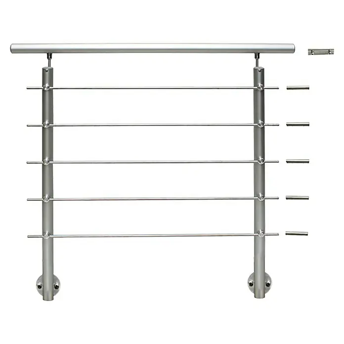 Treba Frewa Geländer-Set EG1 - Seitenmontage, Edelstahl V2A, Silber, Länge: 150 cm - Abbildung eines Geländers aus Edelstahl mit horizontalen Streben und zwei Stützpfosten, ideal für moderne Architektur.