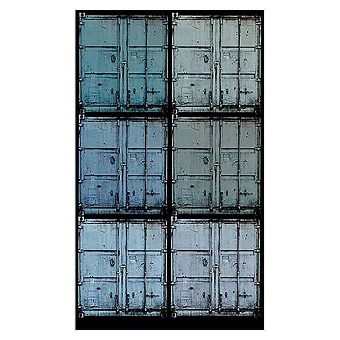 Marburg Smart Art Easy Fototapete Illustration - B x H: 159 mm x 270 cm, Vlies, Blau - Sechs gestapelte blau-türkise, rostige Metall-Schiffscontainer, abgenutzt.