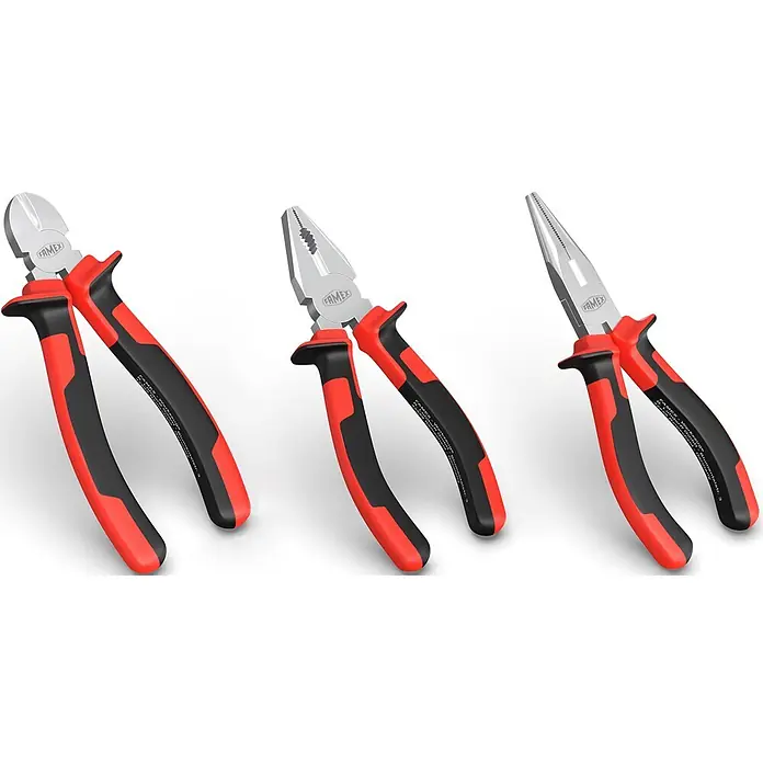 Famex Zangen-Set - 3 -tlg. - Drei FAMEX-Zangen: Seitenschneider, Kombizange und Spitzzange, mit ergonomischen rot-schwarzen Griffen.
