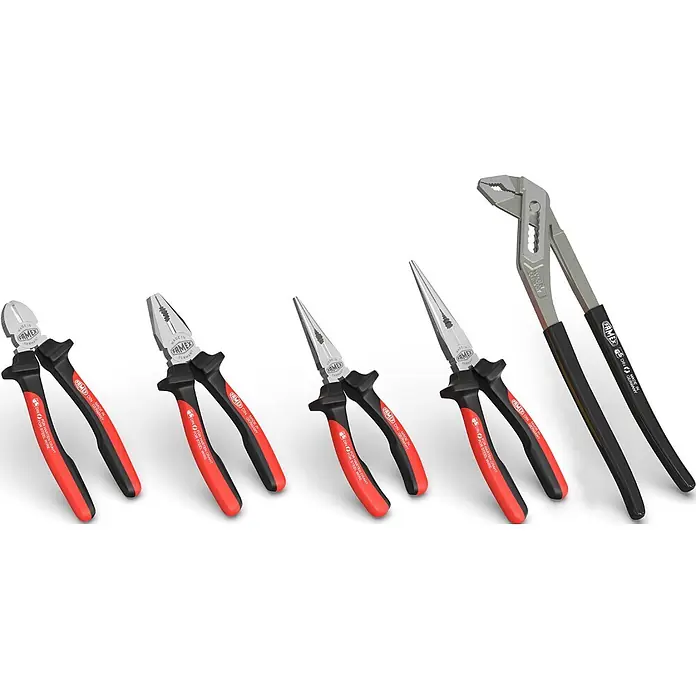 Famex Zangen-Set - 5 -tlg. - FAMEX Zangenset: silberne Metallschneider, Spitzzangen und Wasserpumpenzangen mit roten und schwarzen Griffen.