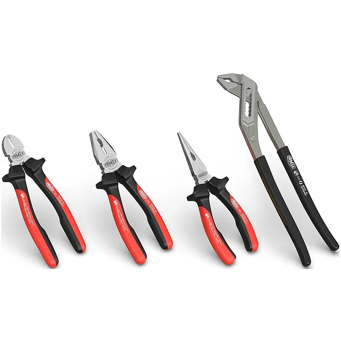 Famex Zangen-Set - 4 -tlg. - Satz von vier FAMEX Profi-Zangen mit schwarzen Griffen, teilweise mit roten Akzenten.