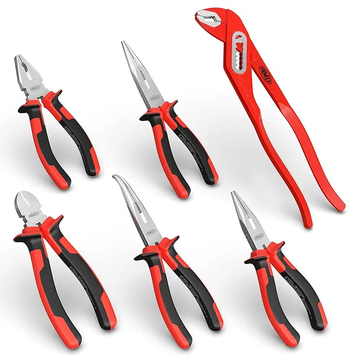 Famex Zangen-Set - 6 -tlg. - Ein Set aus sechs rot-schwarzen Handwerkzeugen, darunter verschiedene Zangen und eine Wasserpumpenzange, alle von FAMEX.