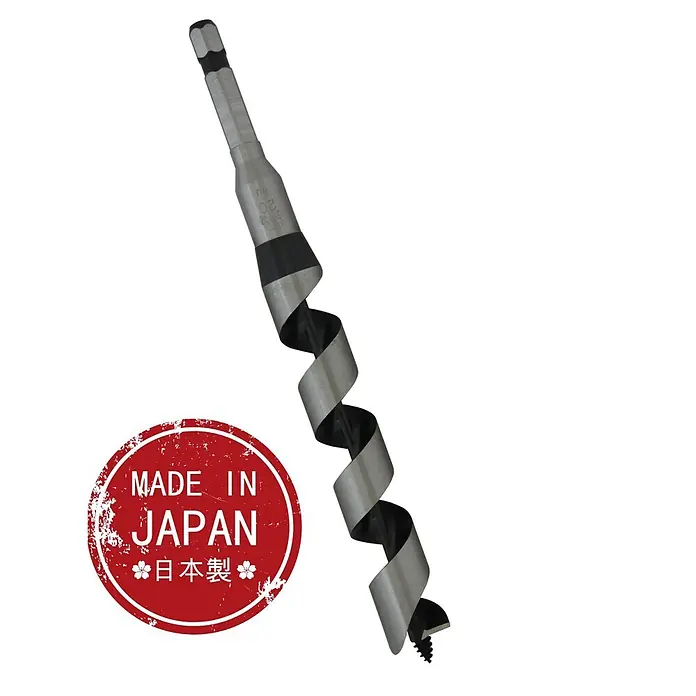 Famex Holzbohrer Star-M-6-200 - Durchmesser Bohrer: 20 mm - Silberner Schlangenbohrer mit Sechskantschaft, schwarzer Schraubenspitze und tiefen Spiralnuten. Mit rotem 'Made in Japan' Stempel.