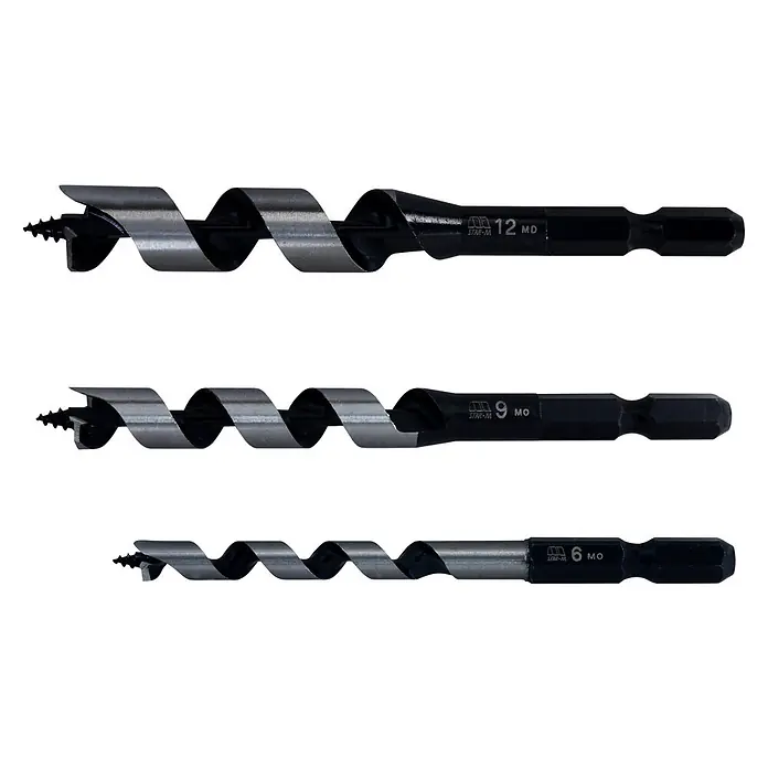 Famex Holzbohrer Star-M-5-SA -  - Drei schwarze Holzspiralbohrer mit silbernen Spiralen und Sechskantschäften, Größen 6, 9, 12mm.