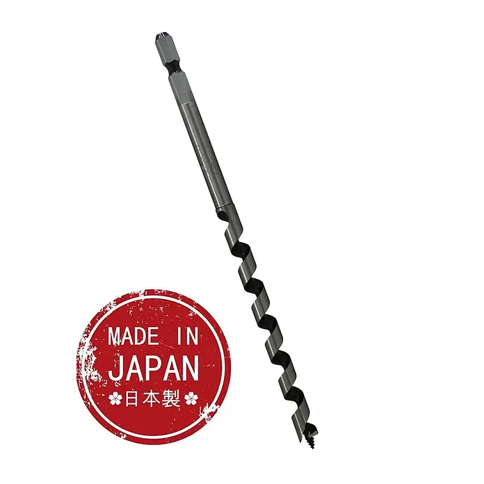 Famex Holzbohrer Star-M-6-080 - Durchmesser Bohrer: 8 mm - Langer, metallischer Holzspiralbohrer mit Sechskantschaft und rotem „Made in Japan“-Stempel.
