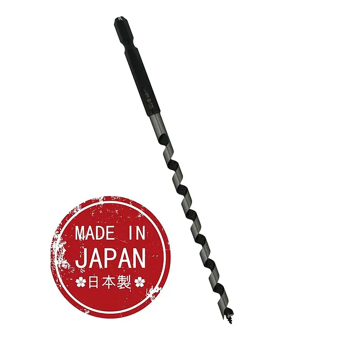 Famex Holzbohrer Star-M-6-060 - Durchmesser Bohrer: 6 mm - Ein langer, schwarz-silberner Holzbohrer mit Sechskantschaft und Gewindespitze, mit rotem "Made in Japan" Stempel.