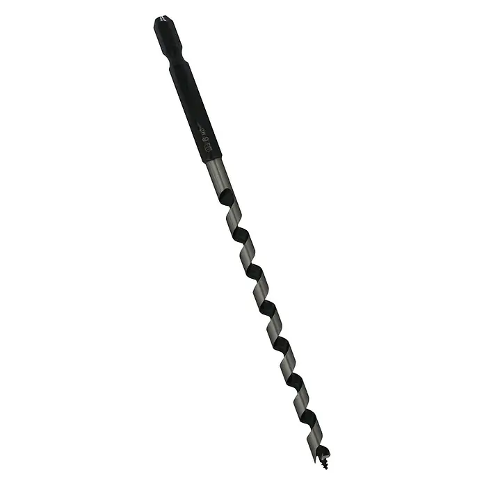 Famex Holzbohrer Star-M-6-060 - Durchmesser Bohrer: 6 mm - Schwarzer und metallisch grauer Holzspiralbohrer mit Sechskantschaft und Gewindespitze.