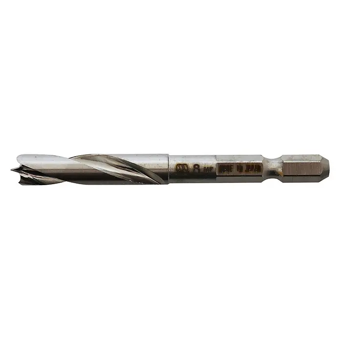 Famex Universalbohrer Star-M-601-080 - Durchmesser Bohrer: 8 mm - Silberfarbener Metallbohrer mit Spiralnuten und Sechskantschaft, beschriftet mit „MF 8 MM MADE IN JAPAN“.