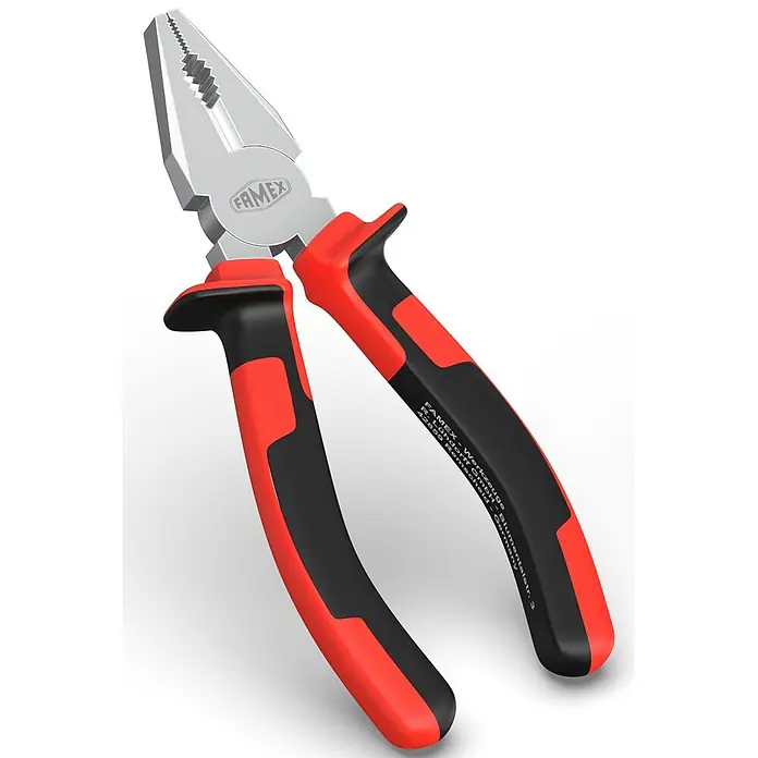 Famex Kombizange -  - Silberne Zange mit roten und schwarzen ergonomischen Griffen, FAMEX-Branding auf den Backen und dem Griff.