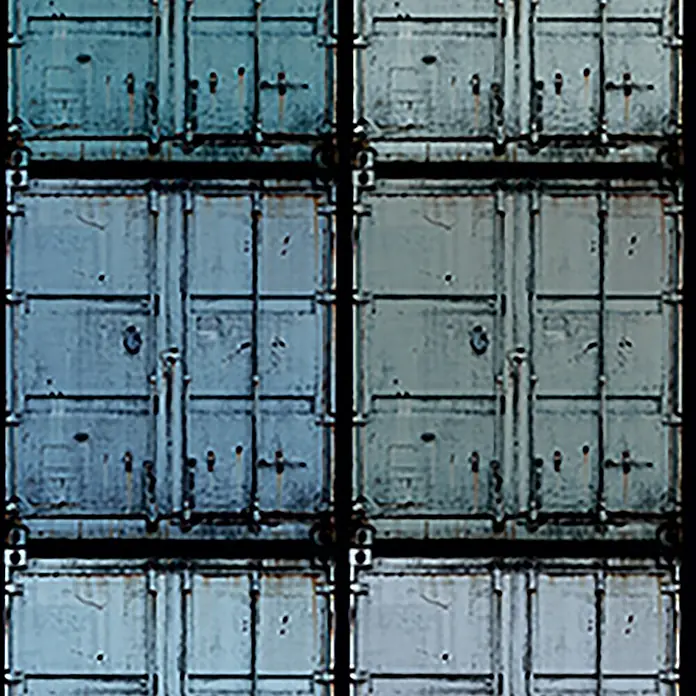 Marburg Smart Art Easy Fototapete Illustration - B x H: 159 mm x 270 cm, Vlies, Blau - Gestapelte, verwitterte blau-graue Metall-Frachtcontainer mit Rost und Industriedetails.