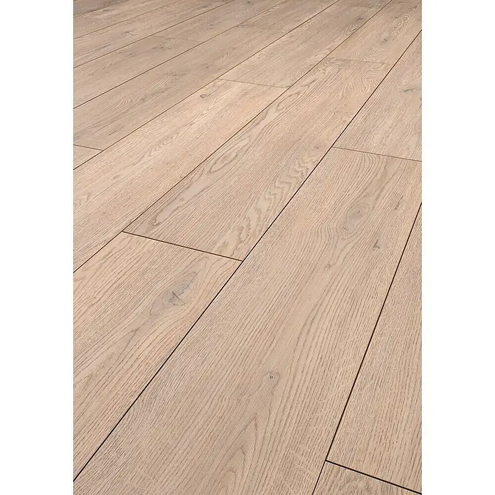 LOGOCLIC Edition Laminat Vinto - Twilight Oak, Landhausdiele, 1.288 x 245 x 8 mm - Heller Holzfußboden mit natürlicher Maserung und Astspuren.