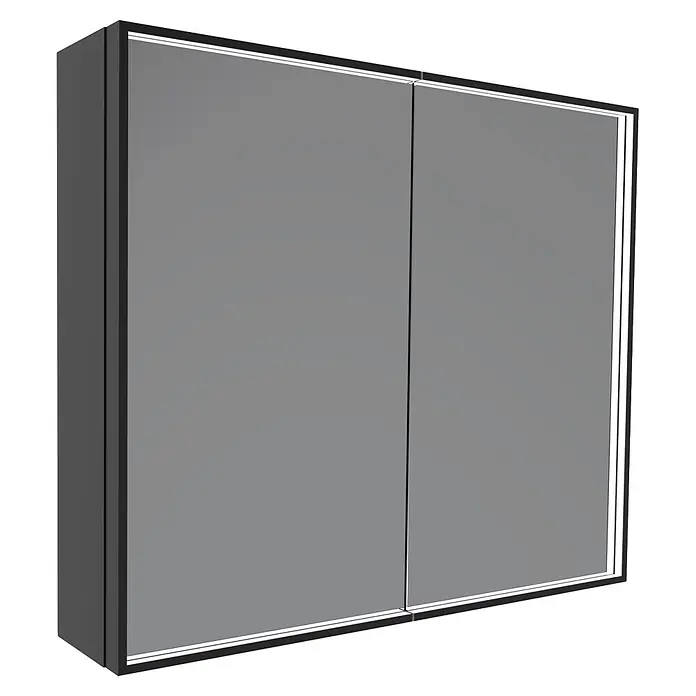 Camargue LED-Spiegelschrank Alumea - B x H: 80 x 68 cm, Anthrazit - Dunkelgrauer zweitüriger Schrank mit schwarzem Rahmen und weißer Zierleiste.