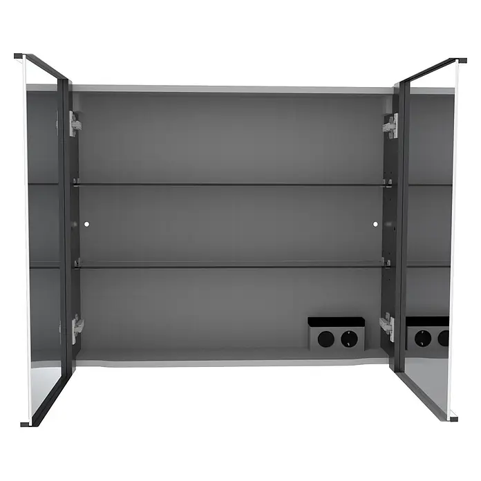 Camargue LED-Spiegelschrank Alumea - B x H: 80 x 68 cm, Anthrazit - Offener grauer Badschrank mit verspiegelten Türen, verstellbaren Glasböden und internen Steckdosen.