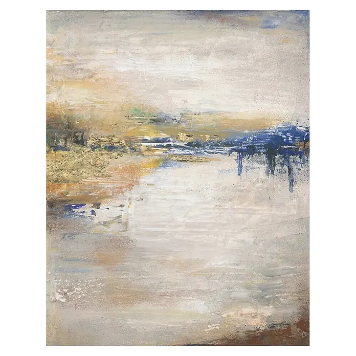 Marburg Ritus Fototapete Grafik II - B x H: 212 x 270 cm, Vlies - Abstraktes Gemälde mit strukturierten Beige-, Weiß- und Blautönen, akzentuiert mit schimmernden Goldblattdetails, die eine Landschaft evozieren.