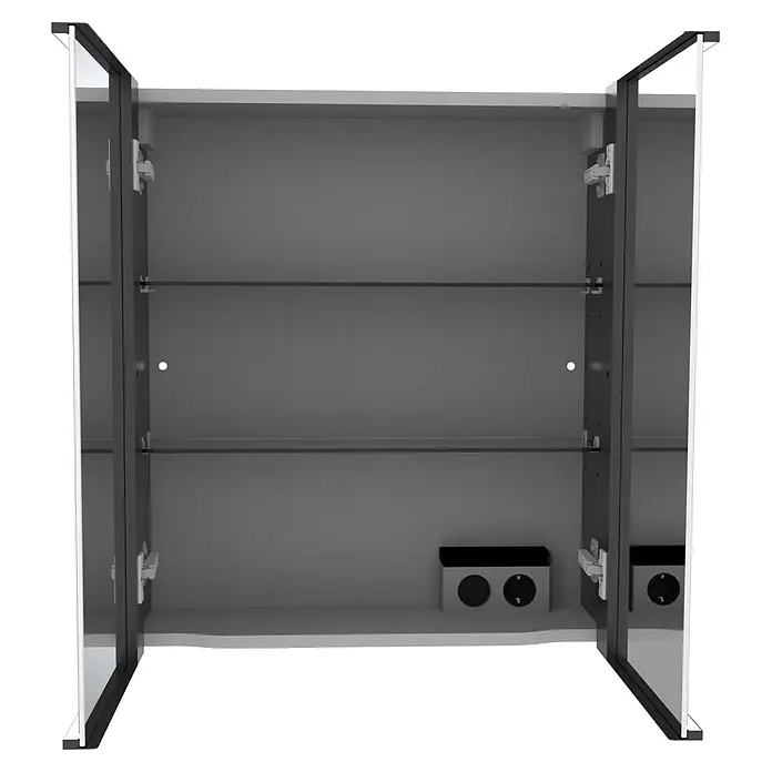 Camargue LED-Spiegelschrank Alumea - B x H: 60 x 68 cm, Anthrazit - Offener grauer Spiegelschrank mit zwei Glasböden und integrierten Steckdosen innen.