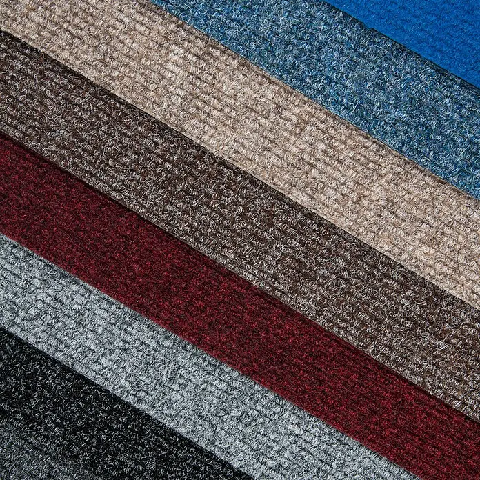 Nadelvlies Teppich Fliesen grau Selbstliegende Teppichfliesen in 50x50 cm aus Nadelfilz Schatex Teppichbodenfliesen dunkelgrau ideal für Büro -  - Mehrfarbige gerippte Teppichmuster in Schwarz, Grau, Rot, Braun, Beige und Blau.