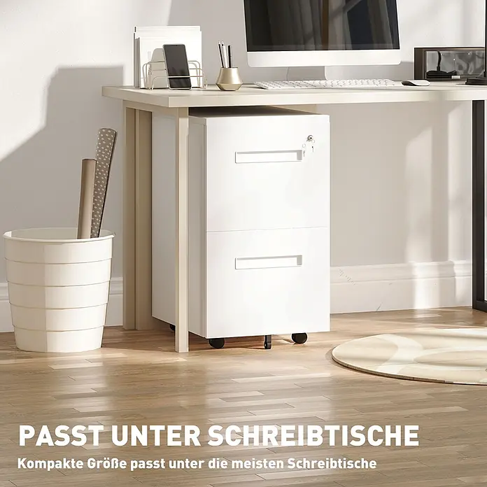 Vinsetto Rollcontainer Rollcontainer - Weiß, Anzahl Schubladen: 2 Stk. - Weißer mobiler Aktenschrank mit zwei Schubladen und Schloss, unter einem Schreibtisch platziert.
