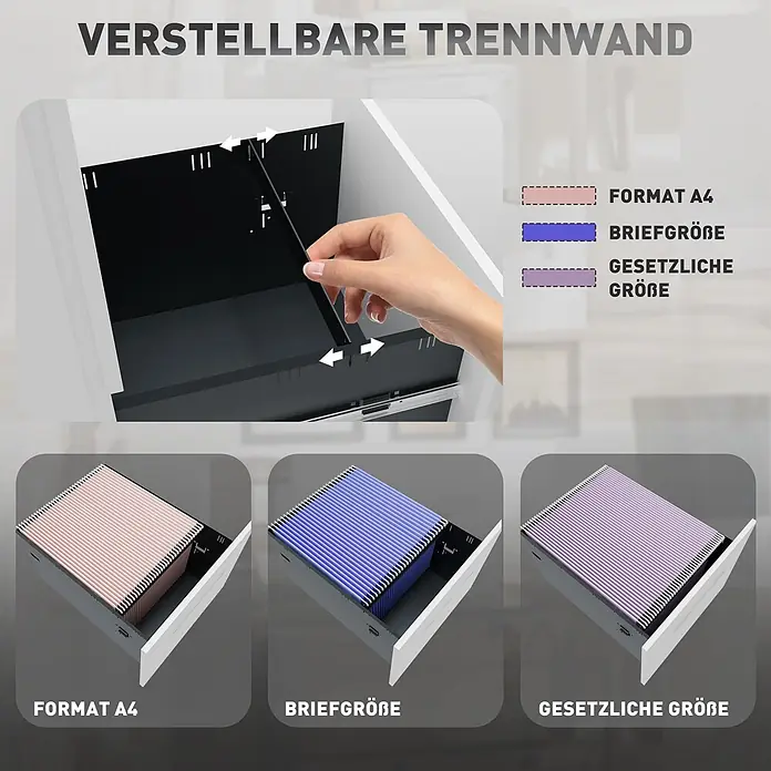 Vinsetto Rollcontainer Rollcontainer - Weiß, Anzahl Schubladen: 2 Stk. - Verstellbare Trennwand für Aktenschubladen, passend für A4, Brief- und Legalformat, mit pinken, blauen und lila Hängemappen.