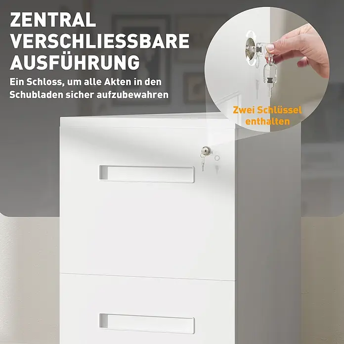 Vinsetto Rollcontainer Rollcontainer - Weiß, Anzahl Schubladen: 2 Stk. - Weißer Aktenschrank mit Zentralverriegelung zur sicheren Aufbewahrung von Dokumenten. Zwei Schlüssel sind enthalten.