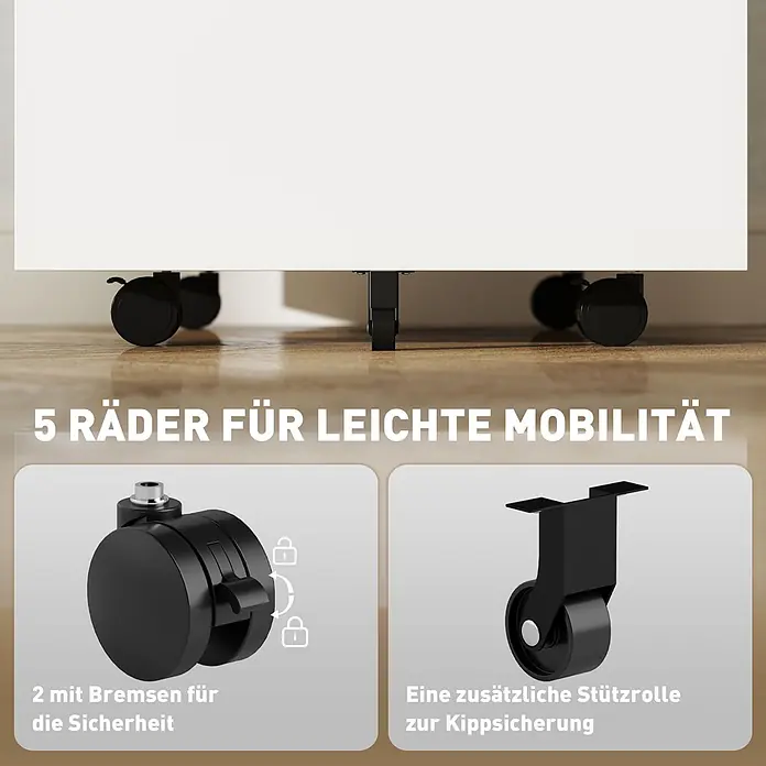 Vinsetto Rollcontainer Rollcontainer - Weiß, Anzahl Schubladen: 2 Stk. - Fünf schwarze Möbelrollen zur leichten Mobilität, 2 davon mit Bremsen für Sicherheit und 1 Kippsicherungs-Stützrolle.