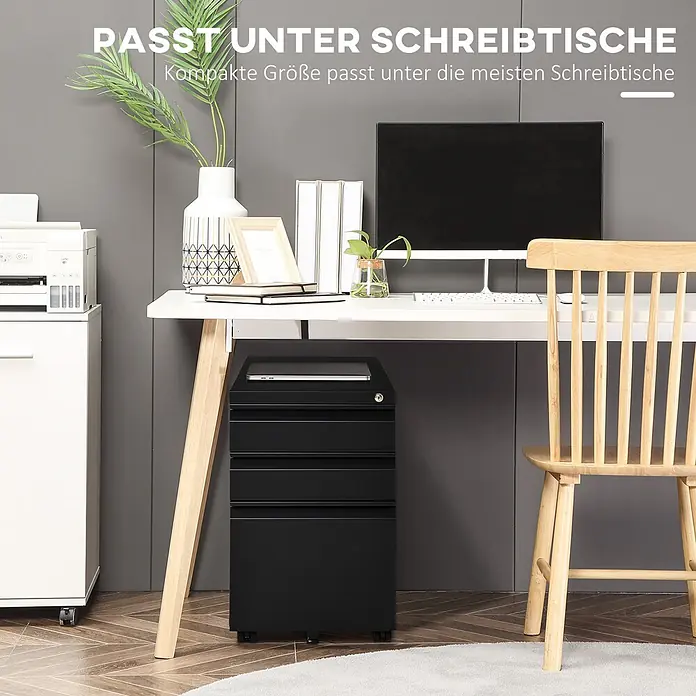 Vinsetto Rollcontainer Rollcontainer - Schwarz, Anzahl Schubladen: 3 Stk. - Kompakter schwarzer Metall-Rollcontainer mit drei Schubladen, passt unter den Schreibtisch.